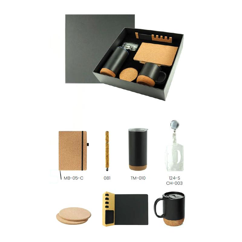 Black Cardboard Gift Box With Cork Notebook, Cork Pen, Cork Tumbler & Cup